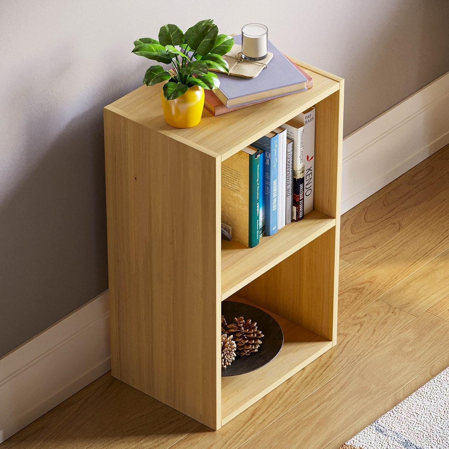 2 Tier Oak Wooden Cube Bookcase Small Storage Shelf for Living Room Office