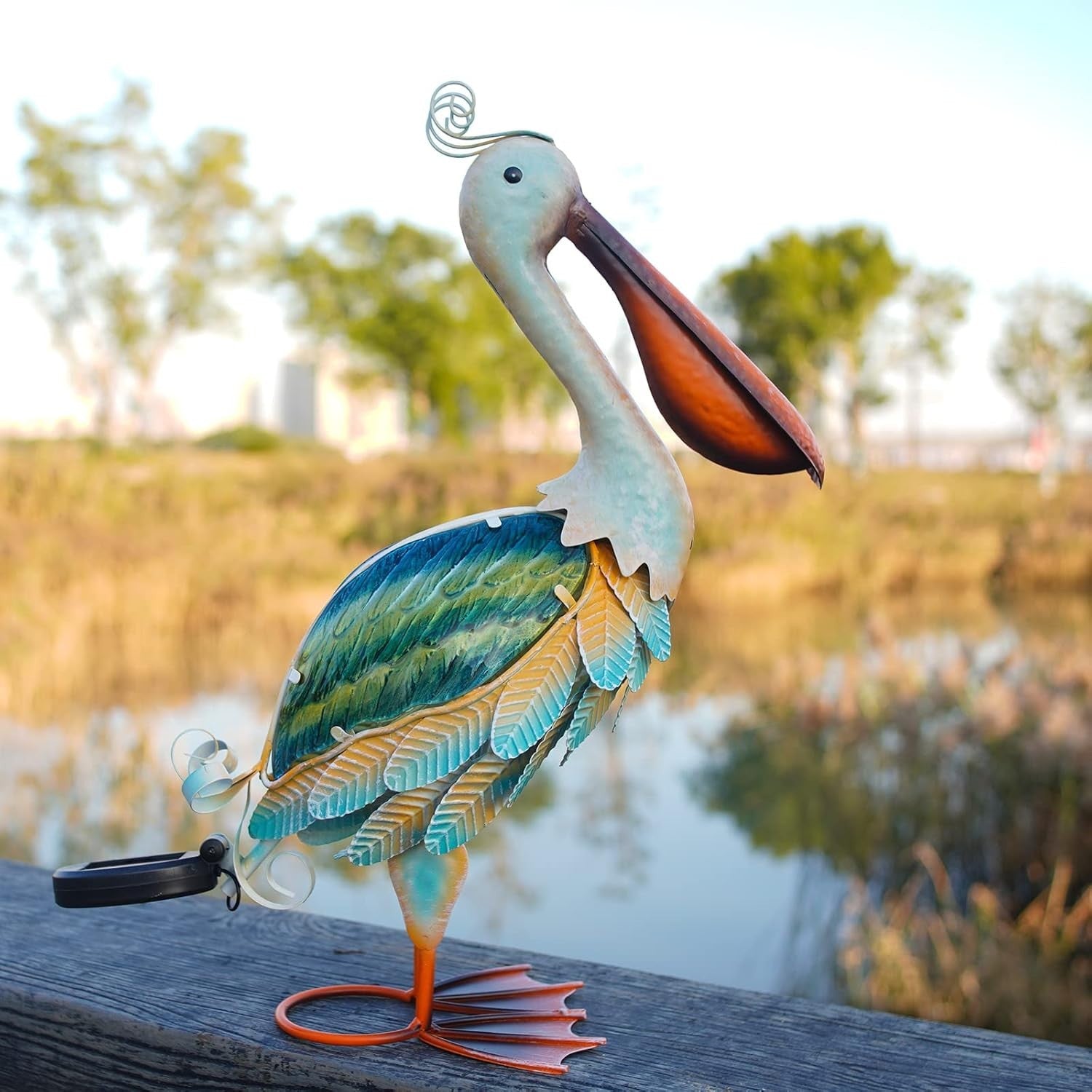 Solar Pelican Garden Statue 40.6cm Metal Glass Coastal Bird Outdoor Yard Decor