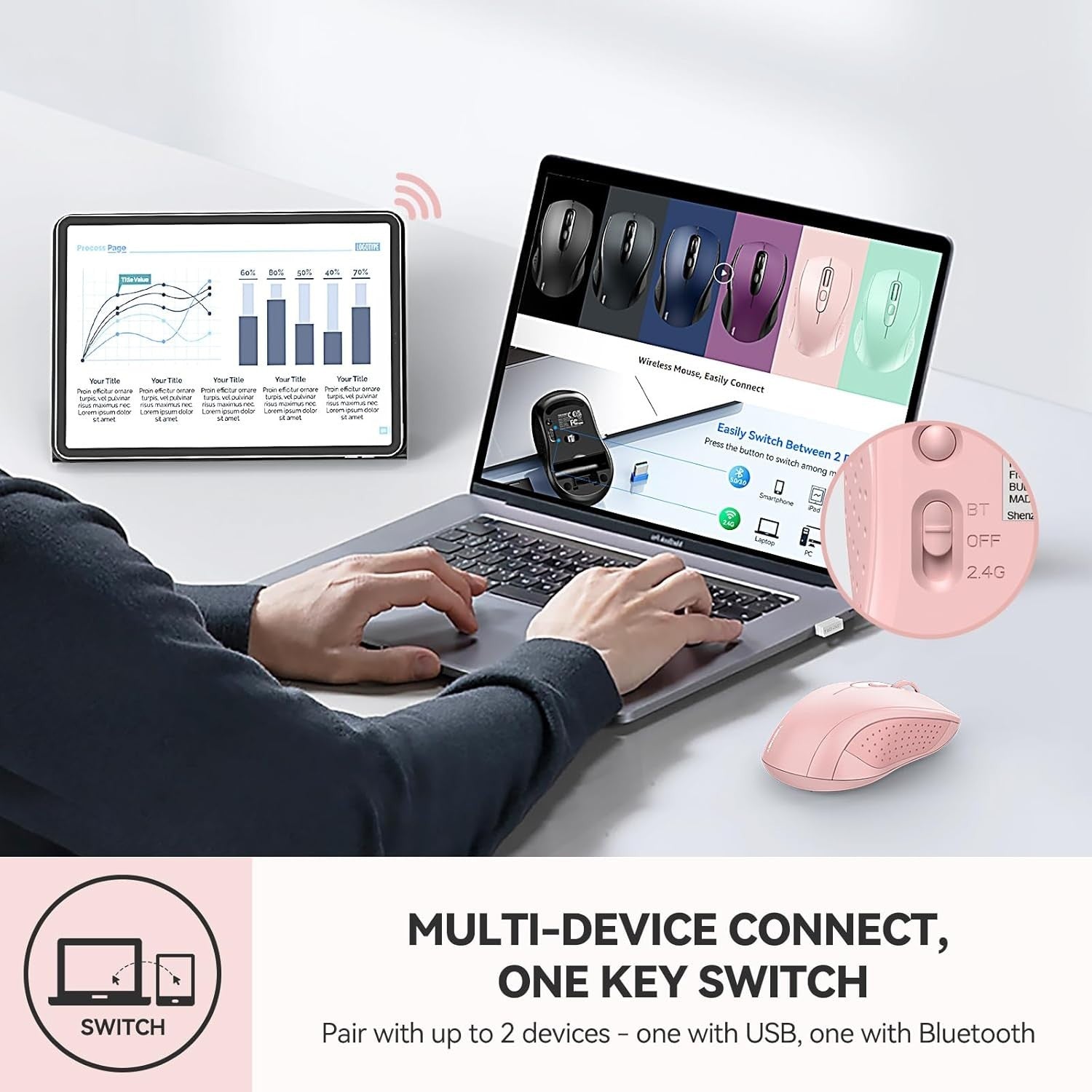 Silent Bluetooth Mouse 4000 DPI Dual Mode Long Battery Ergonomic Pink