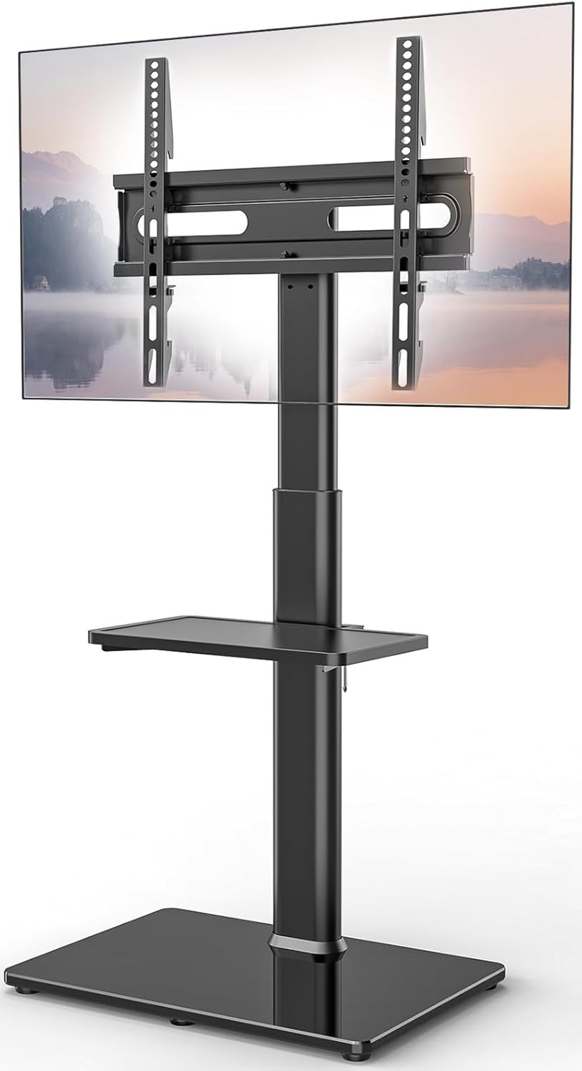 Height Adjustable Floor TV Stand 27–65" with Shelf & 70° Swivel Mount - Black