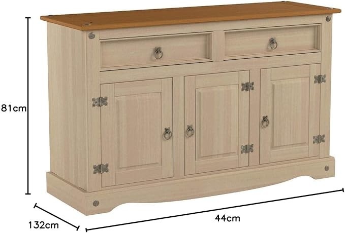 Grey Solid Pine Sideboard Cabinet with 3 Doors & 2 Drawers, Rustic Storage Unit