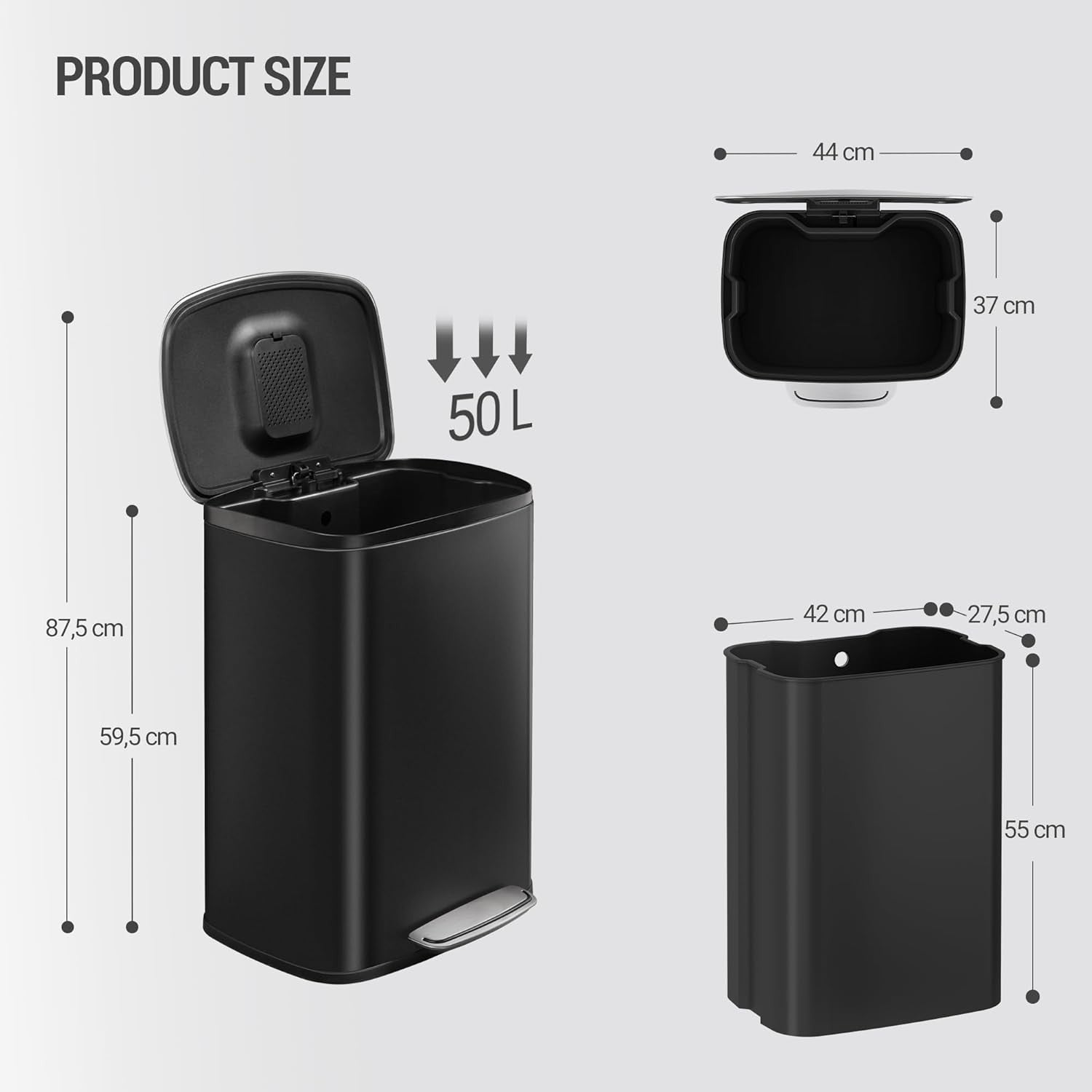 50L Stainless Steel Kitchen Bin Soft Close Pedal Black