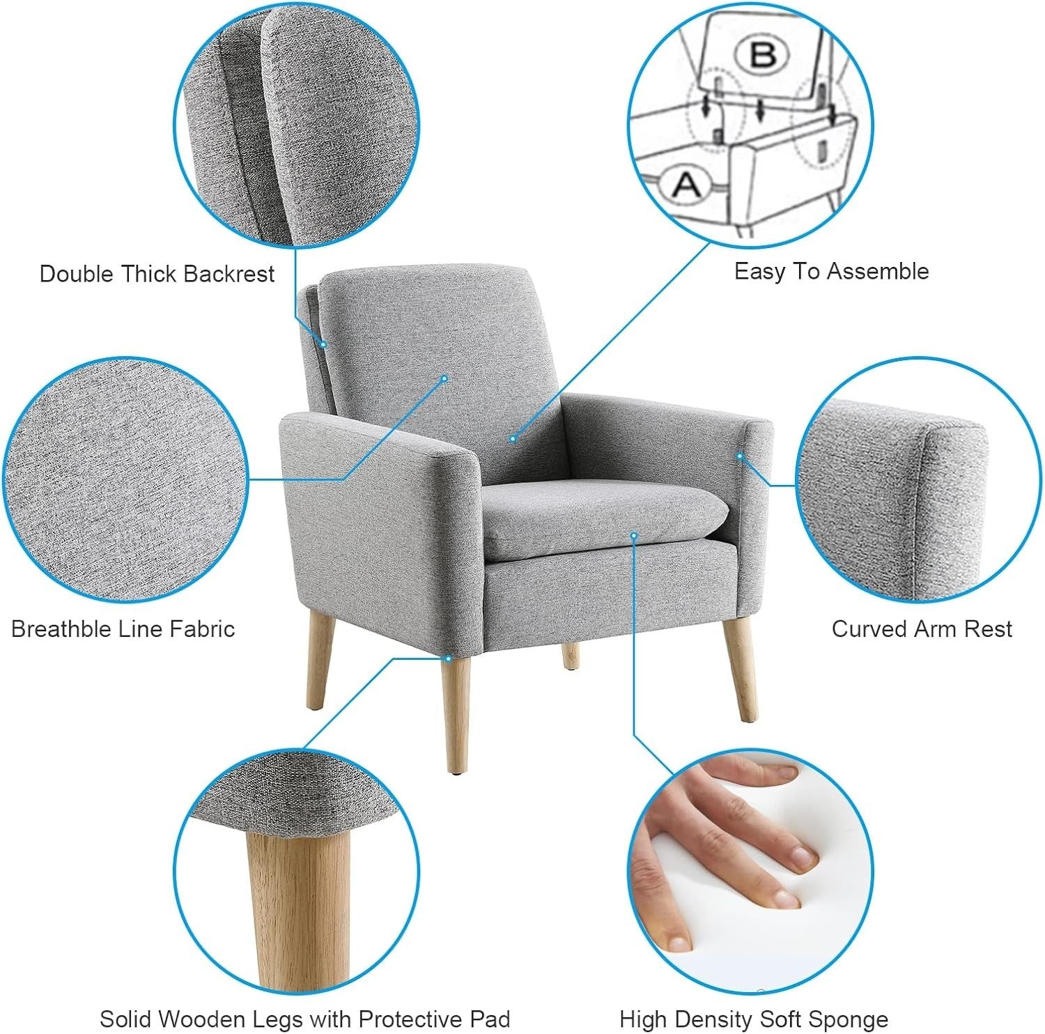 Grey Linen Accent Armchair Comfy Lounge Chair for Bedroom Office Home