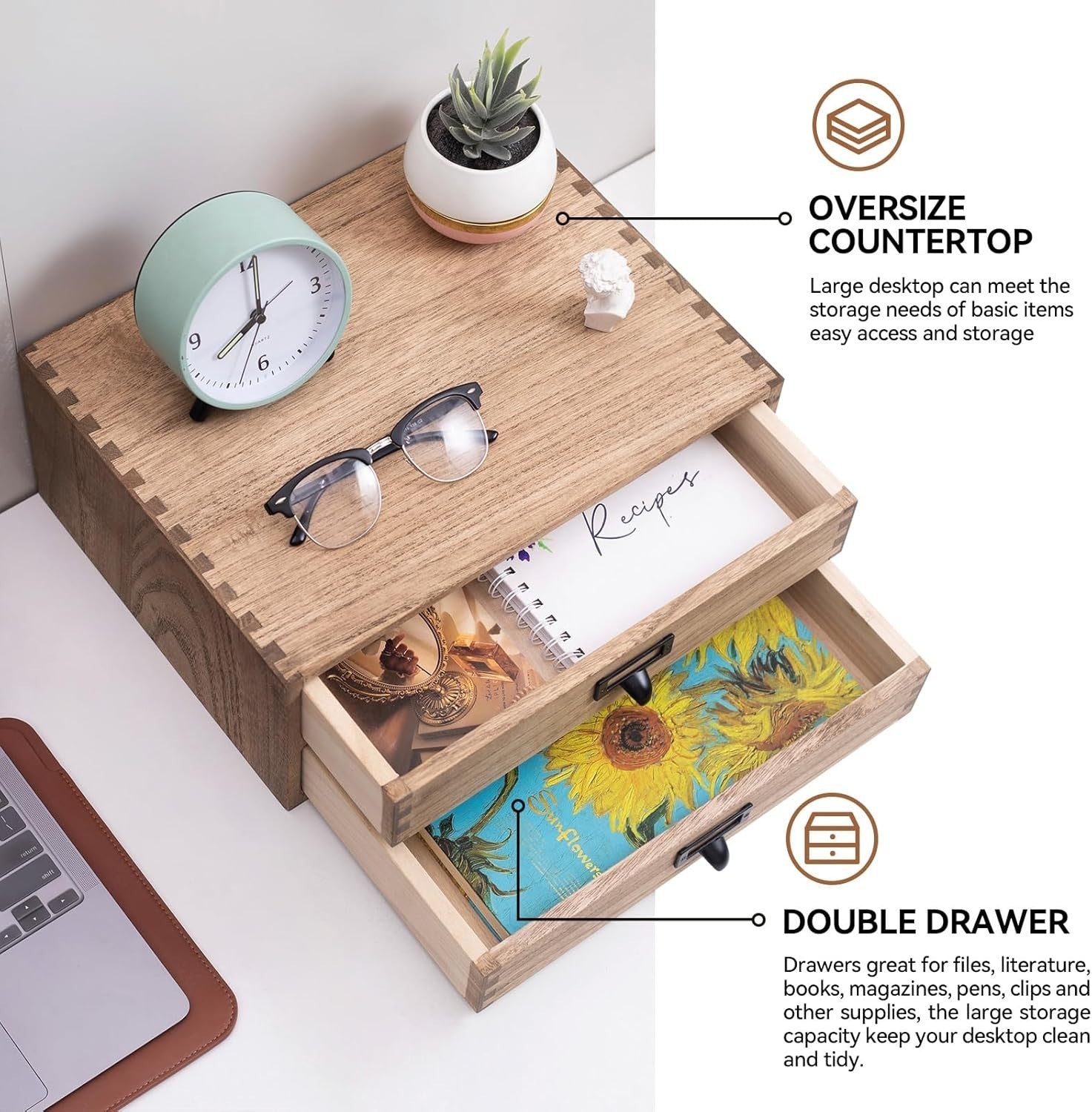 Wood Desktop File Organizer 2 Drawer Office Storage Printer Stand