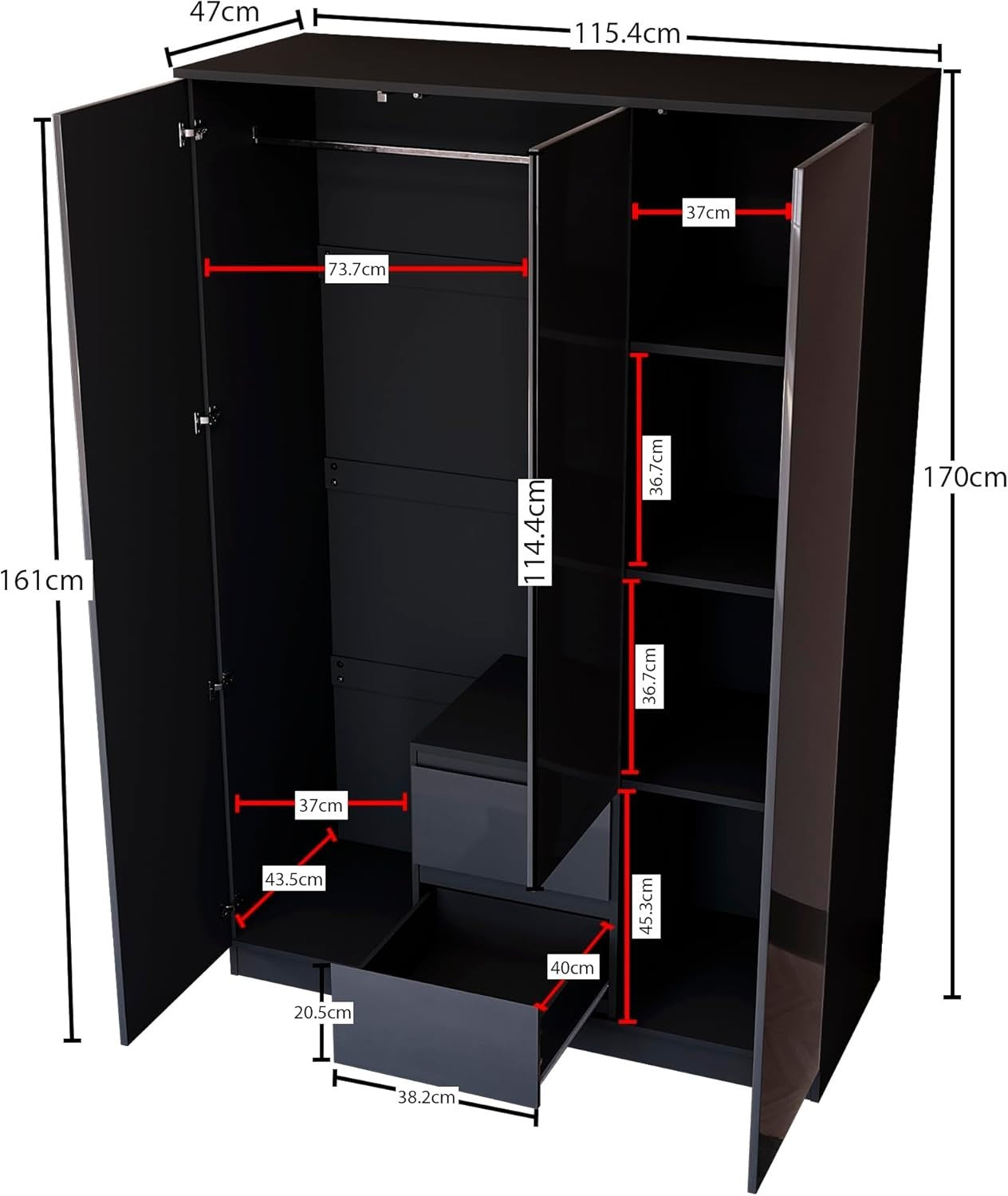 High Gloss Black 3 Door Wardrobe with 2 Drawers - Modern Bedroom Storage