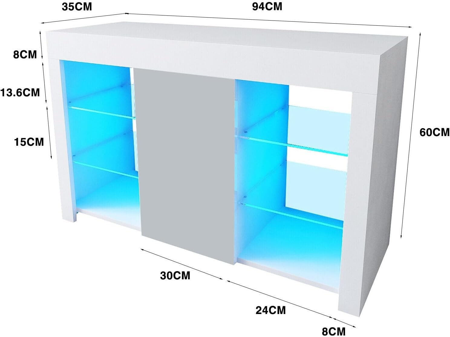 White Gloss Sideboard with Grey Glass Doors & LED Lights | Modern Storage Unit