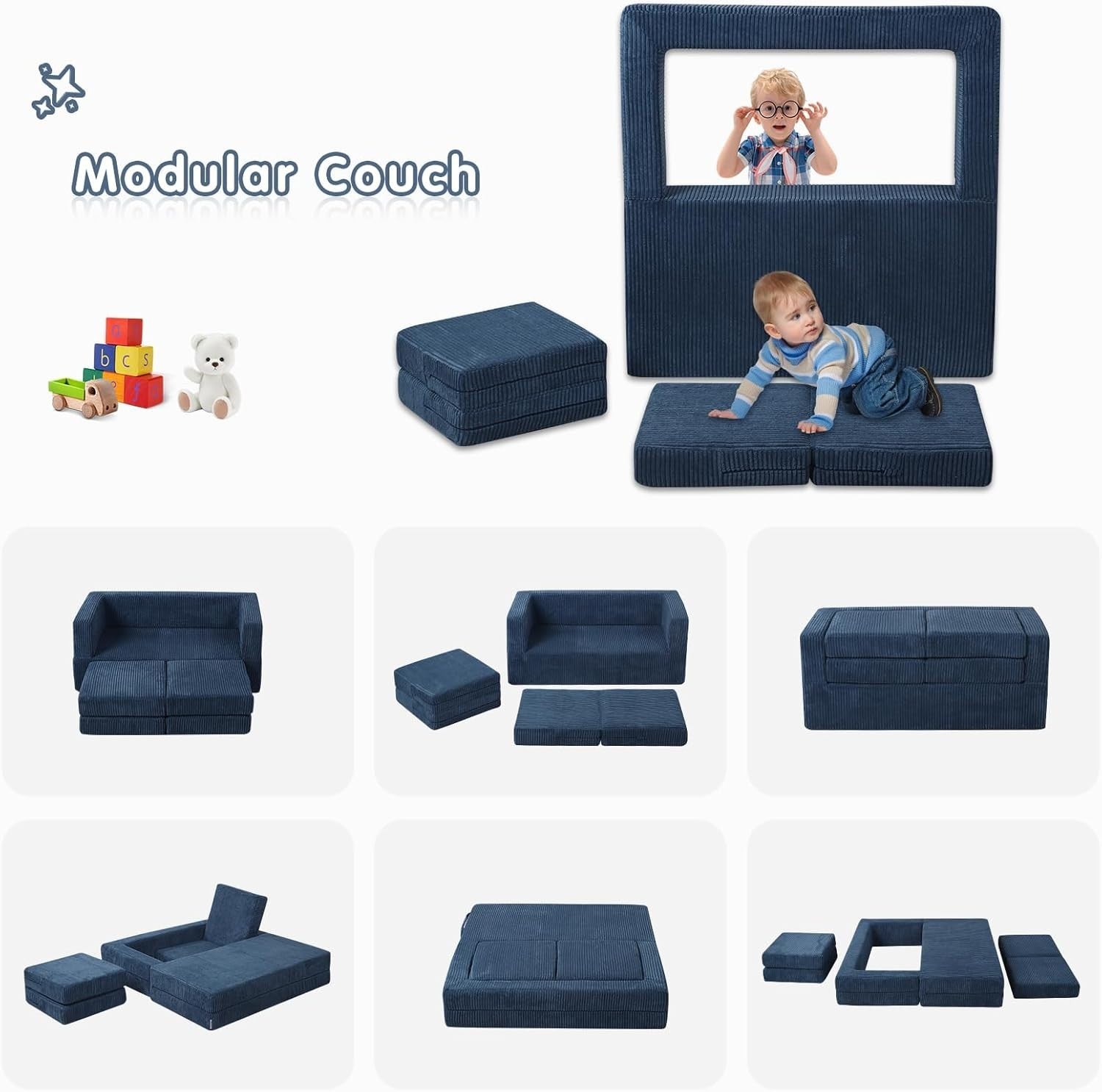 Kids Sofa Bed 2-Seater Foam Couch with Cushions, Versatile Play & Rest Blue