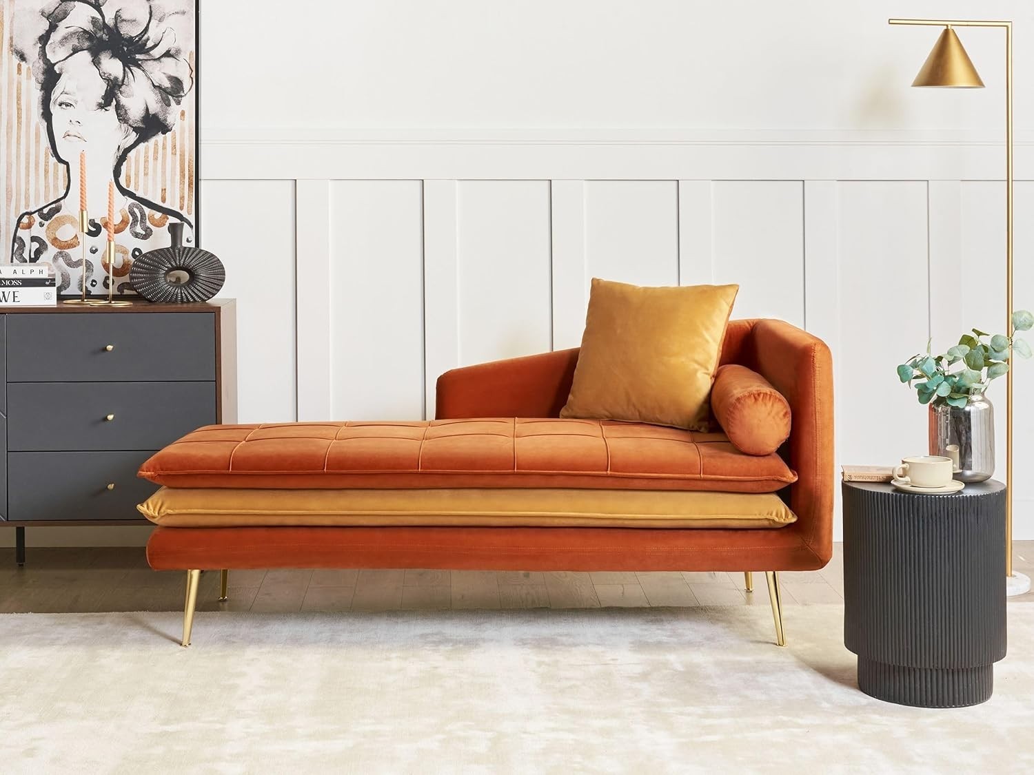 Velvet Chaise Lounge Sofa Orange | Thick Padding, Tufted Back, 79cm Deep