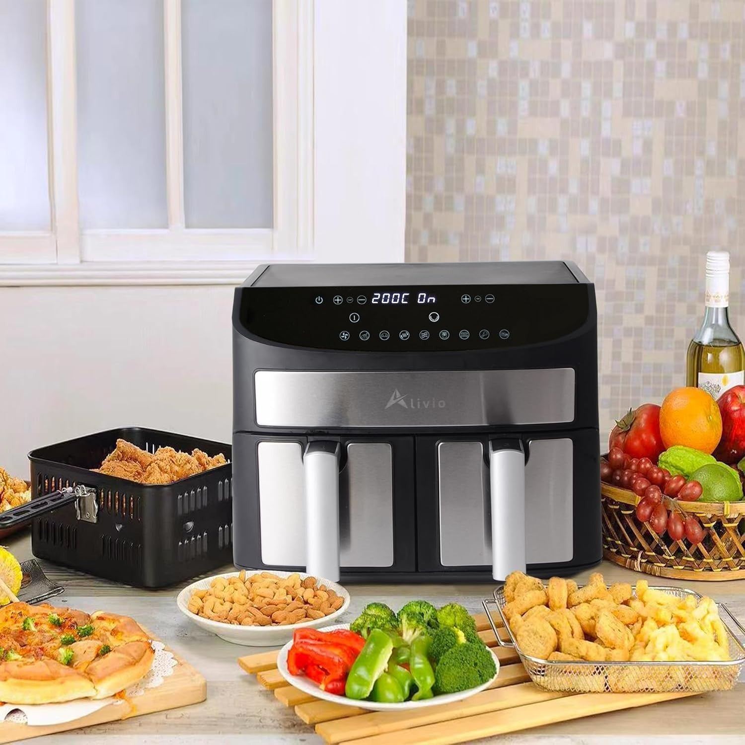 9L Dual Basket Air Fryer | 8 Presets, Dual Power Zones, Touchscreen, Low-Oil, 17
