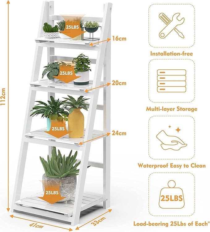 4 Tier Wooden Ladder Plant Stand Foldable Display Shelf Indoor Outdoor White