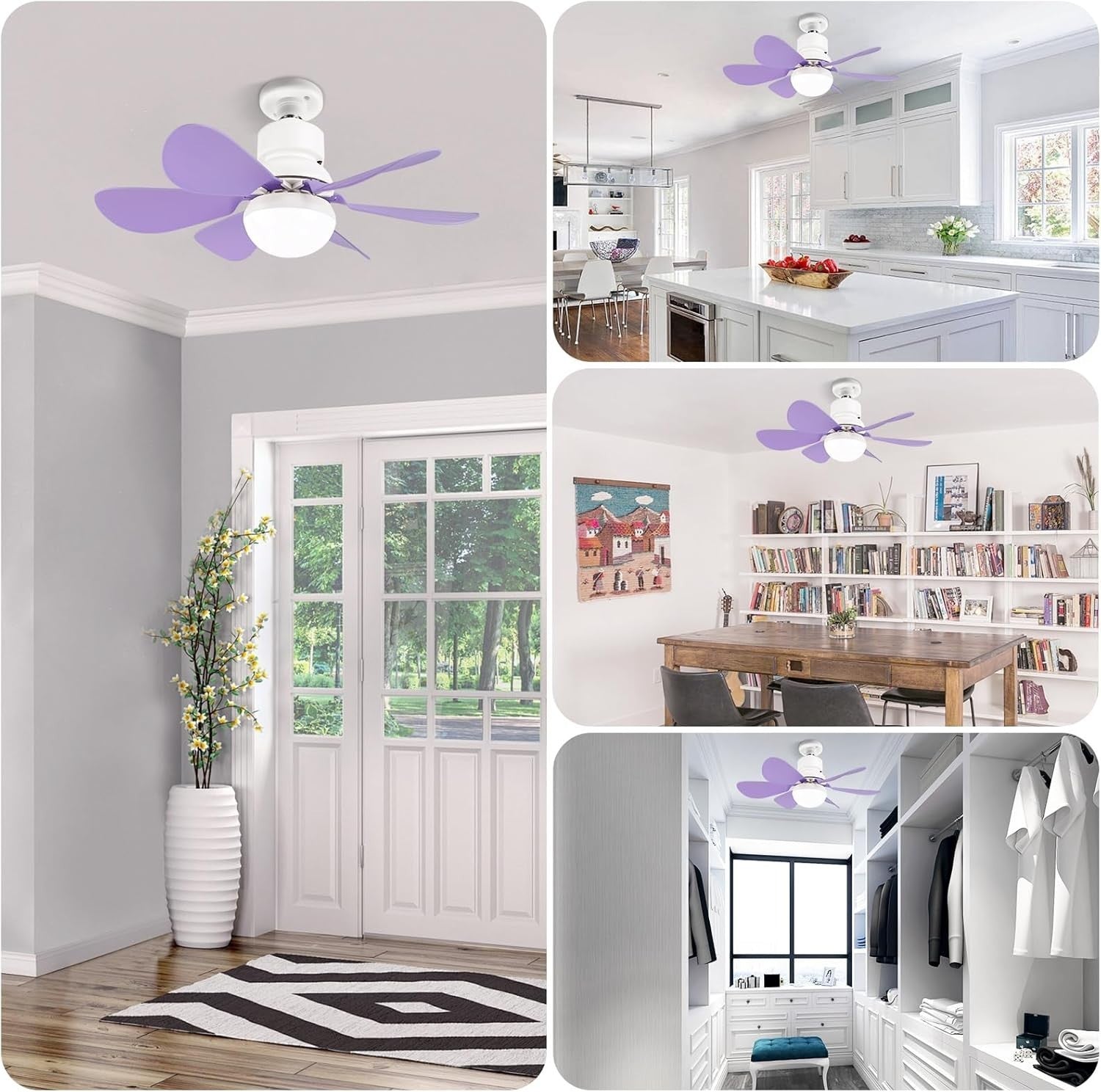 30W Ceiling Fan with Lights Dimmable 6 Blades 3 Colors 3 Speeds Purple