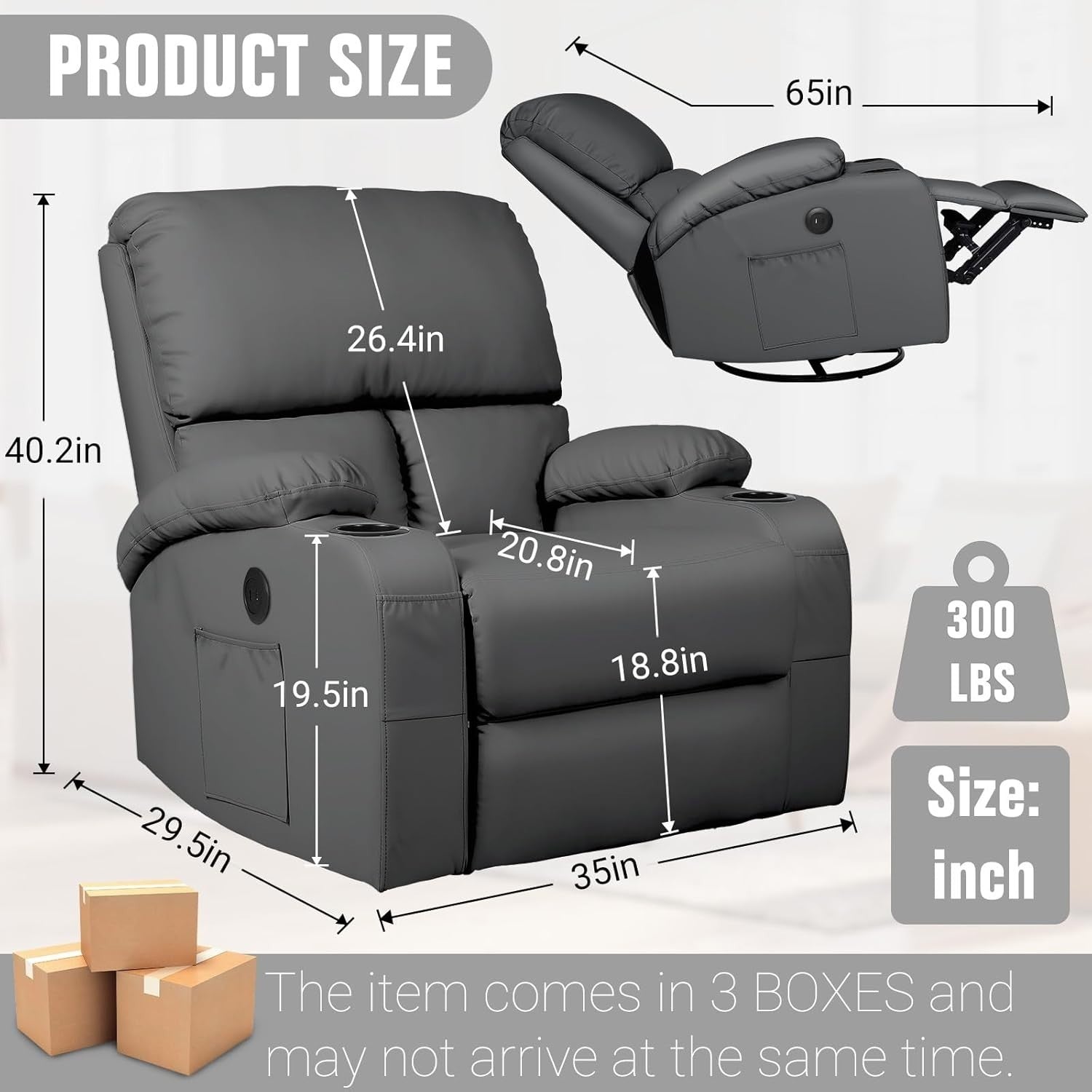 Massage Rocker Recliner Chair with Heat 360° Swivel USB & Type-C Ports Dark Grey