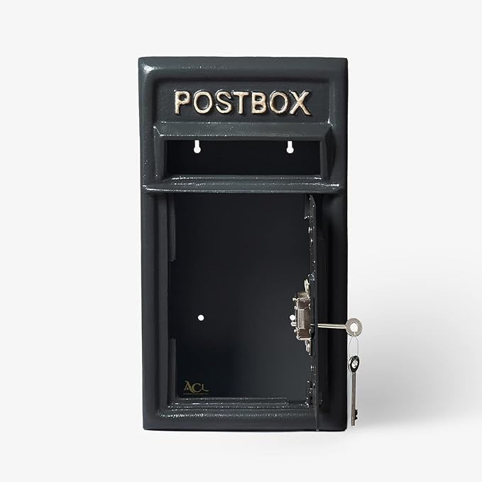 Lockable Cast Iron Wall Post Box Black – Heavy Duty, Vintage Mailbox 44cm