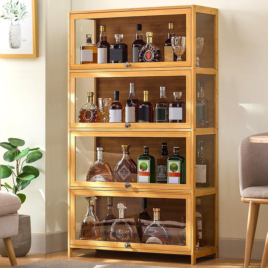 Farmhouse Glass Display Bar Cabinet for Liquor & Wine Storage, 4-Tier Unit 60cm