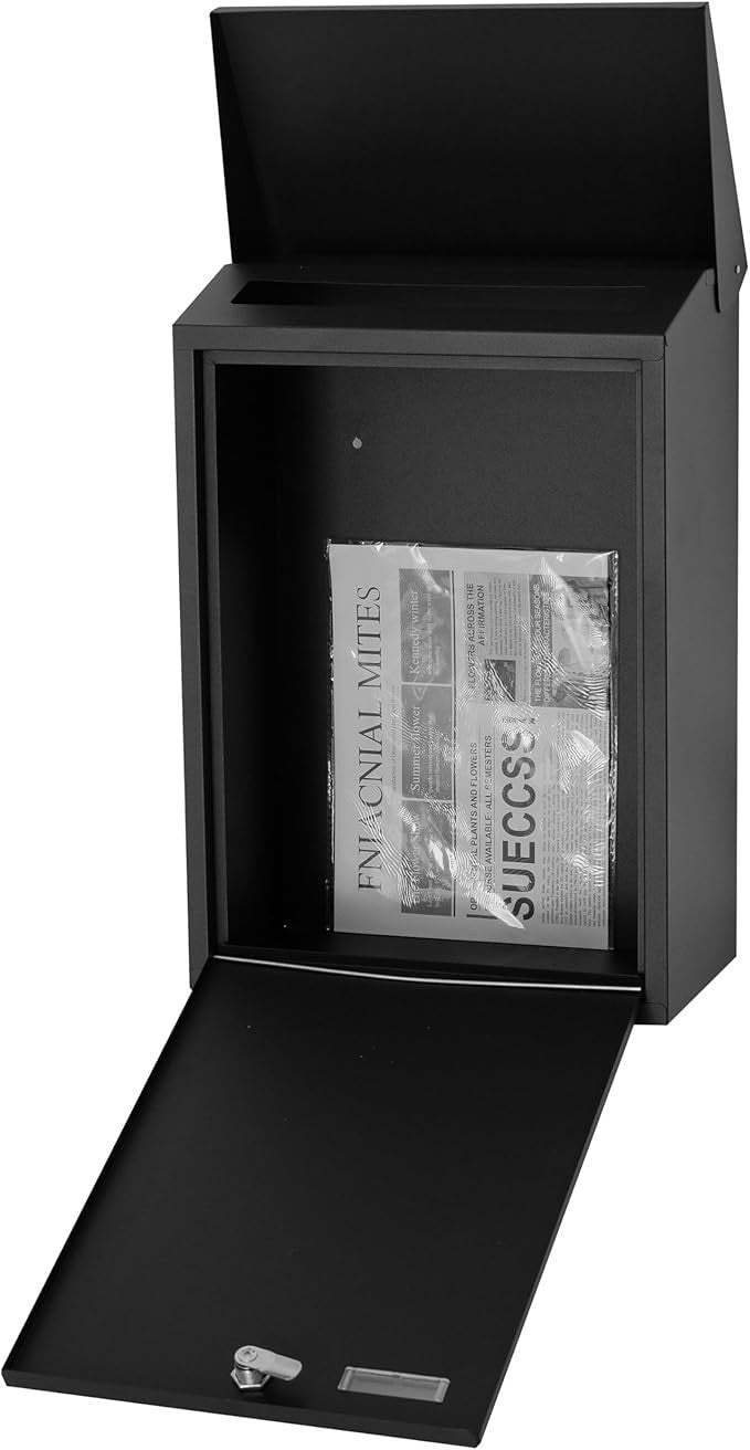 Extra Large Lockable Wall Mounted Letterbox Black Steel Post Box Weatherproof