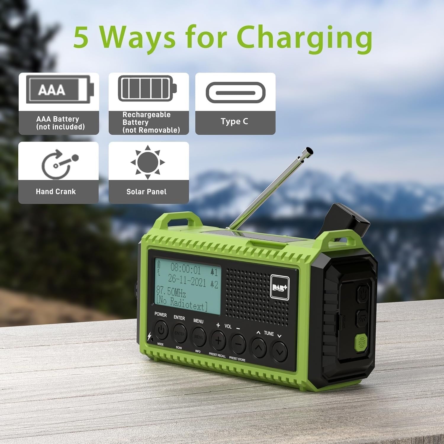 Portable DAB+ FM Emergency Radio Solar Hand Crank 5000mAh SOS