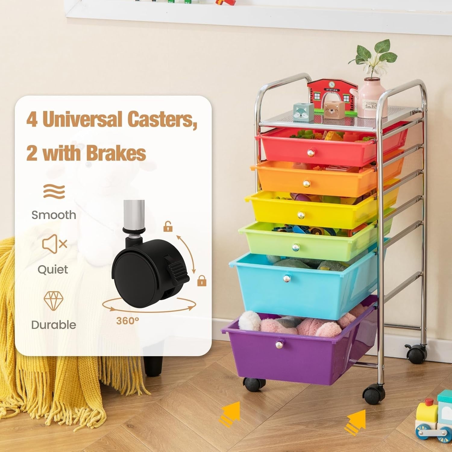 6 Drawer Rainbow Storage Trolley Rolling Organizer Cart with Wheels