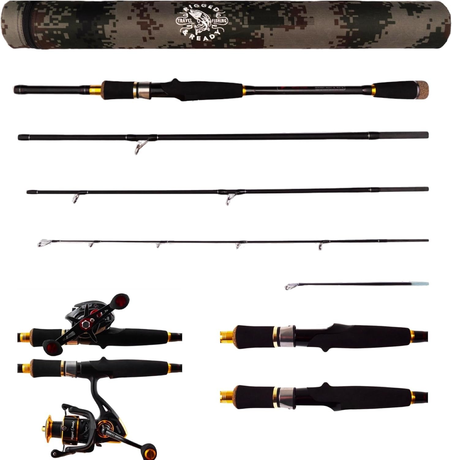 Travel Spin & Baitcast Fishing Rod 4-Section 2 Tips Compact Carbon Rod