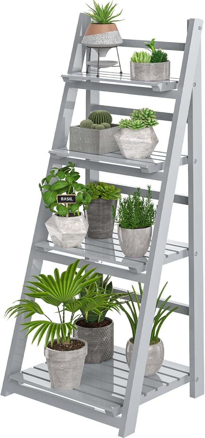 4 Tier Wooden Ladder Plant Stand Foldable Indoor Outdoor Shelf Grey Display Rack