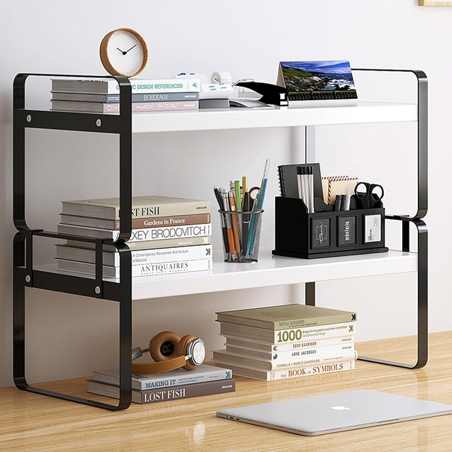 Adjustable 2-Tier Wood Desk Shelf Organizer Freestanding Desktop Storage Rack