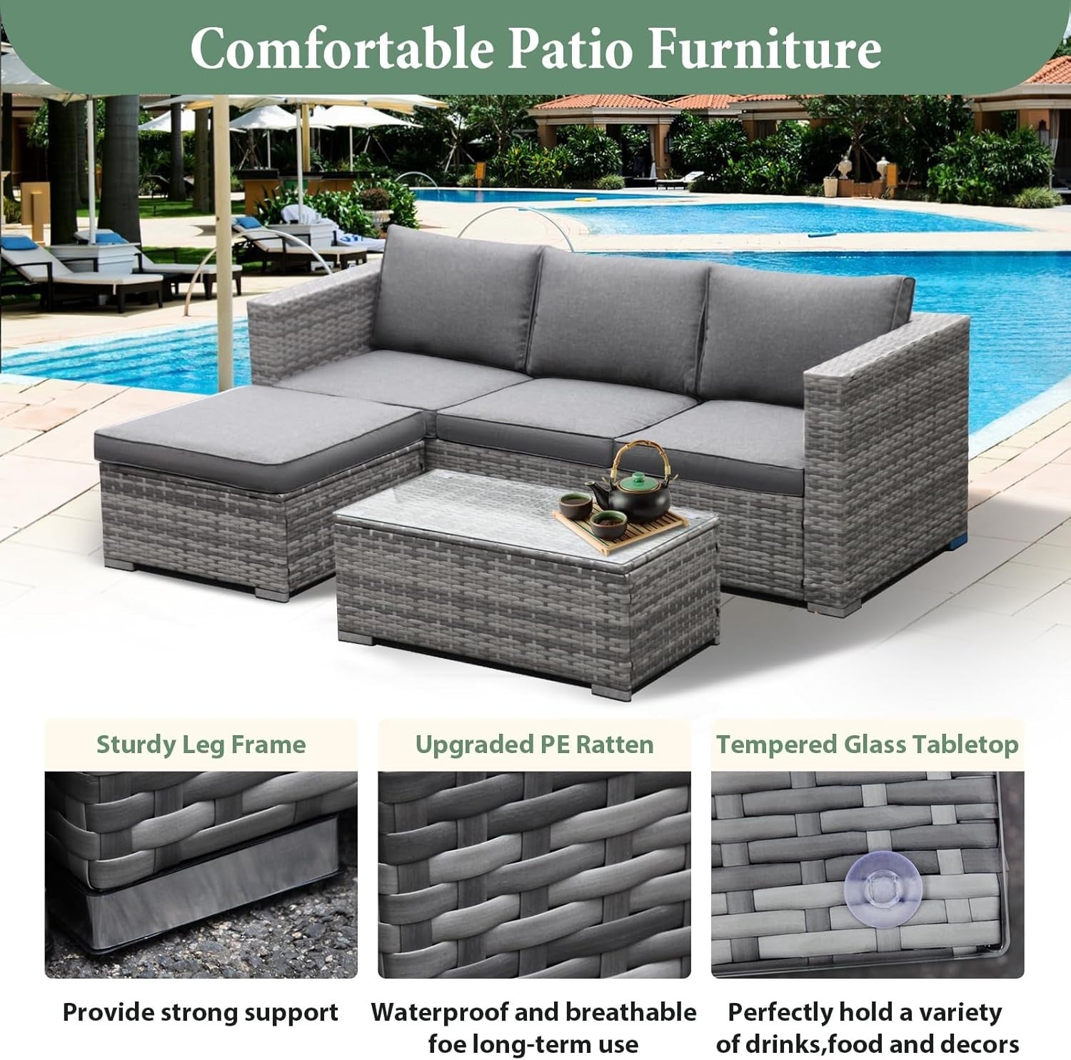 Rattan Garden Sofa Set 3PC Outdoor Patio Furniture w/ Cushions & Table