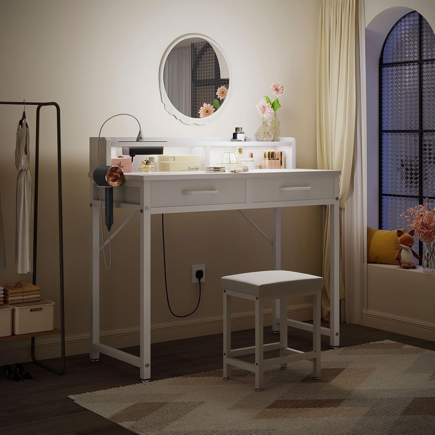 Vanity Dressing Table Desk w/ LED Lights Power Outlet Storage & Stool White