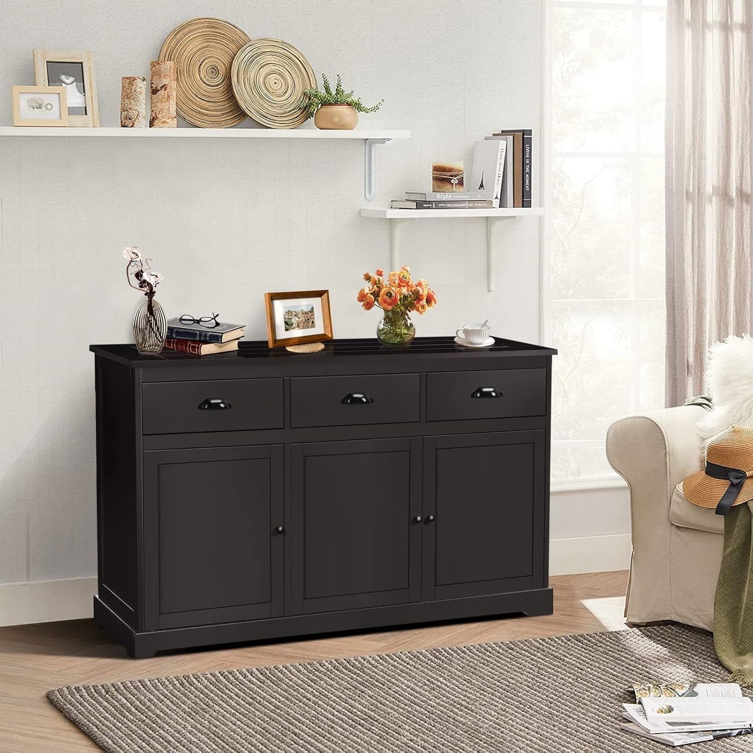 Dark Brown Large Sideboard Buffet Cabinet with 3 Drawers & Adjustable Shelves