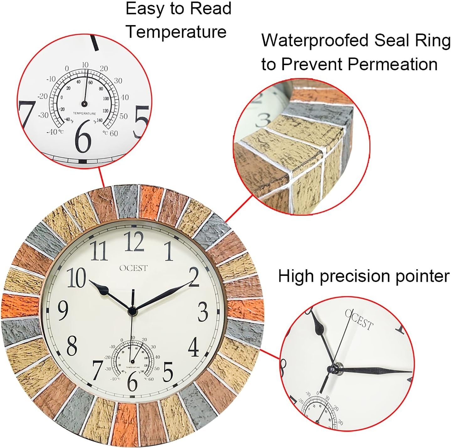 13" Outdoor Waterproof Garden Wall Clock Large Thermometer Retro Silent Decor