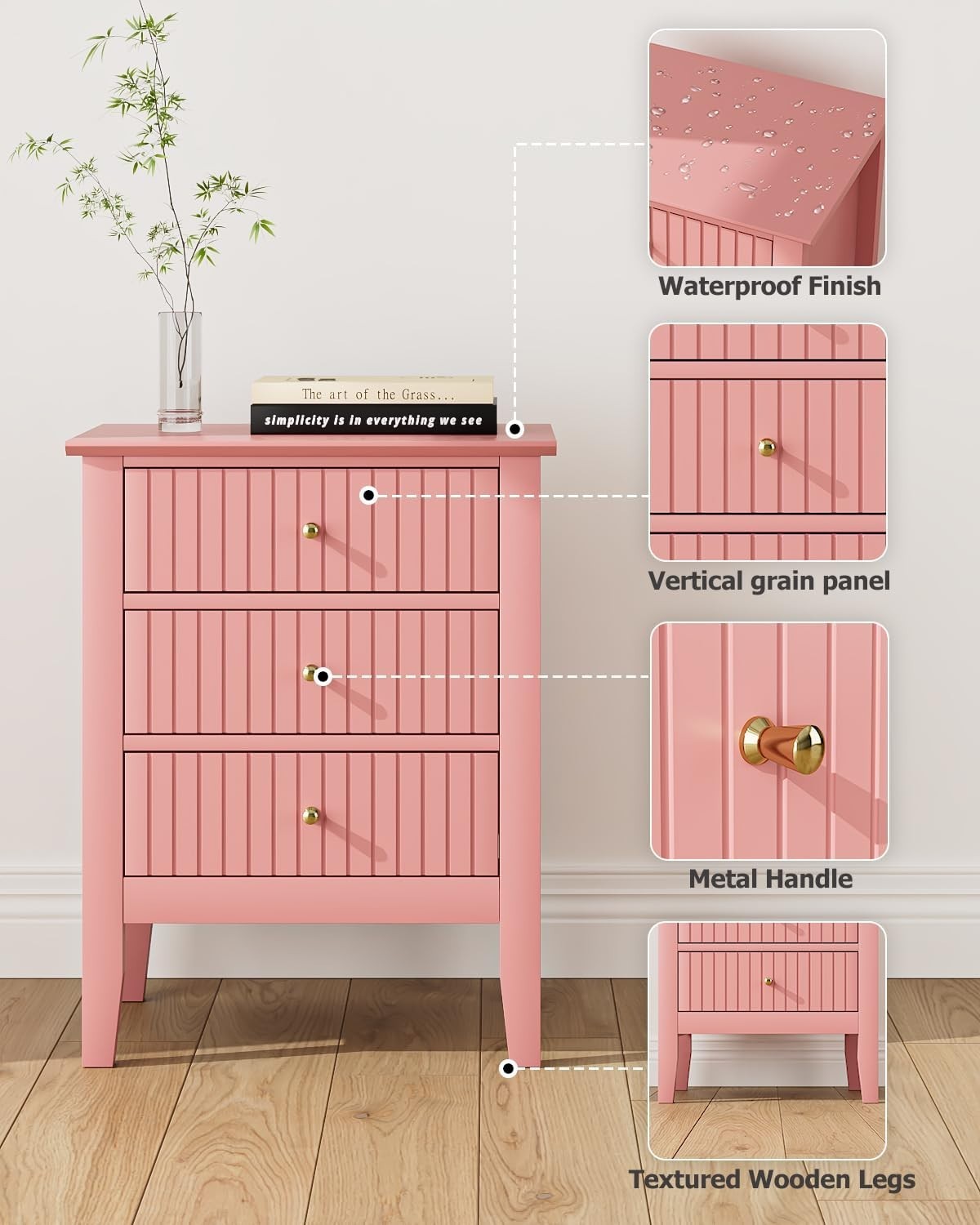 Modern Pink Bedside Table with 3 Drawers Wooden Nightstand Bedroom Storage
