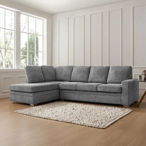 Left Hand Corner Sofa Dark Grey Jumbo Cord Chaise 4 Seater Deep Cushions