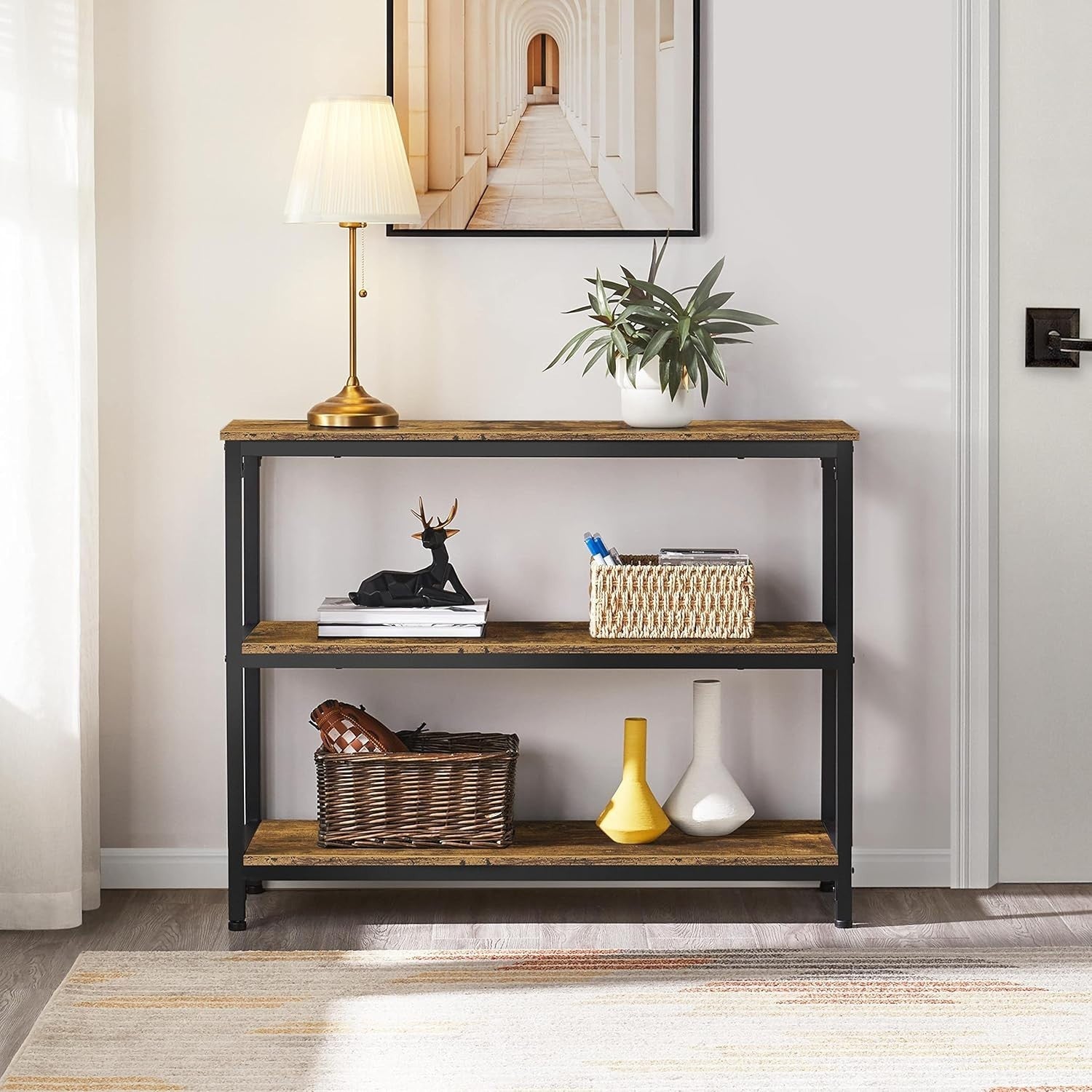 Industrial 3-Tier Console Table with Storage Shelves, 101x35x80cm