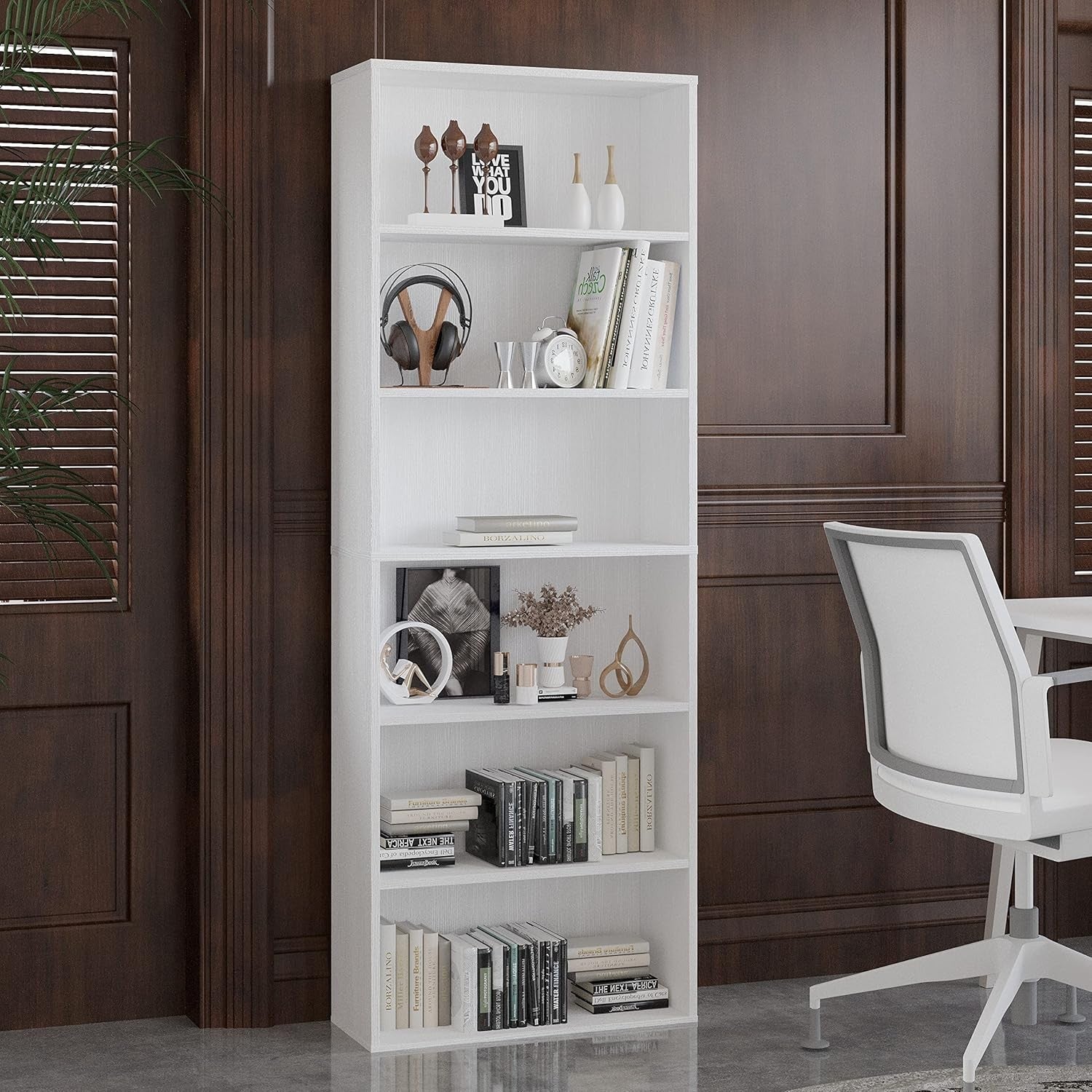 6-Tier Tall White Bookcase Large Wooden Storage Shelf Unit Modern Home Display