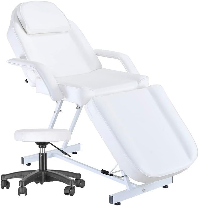 Reclining Massage Table Adjustable Beauty Salon Bed w/ Swivel Stool White