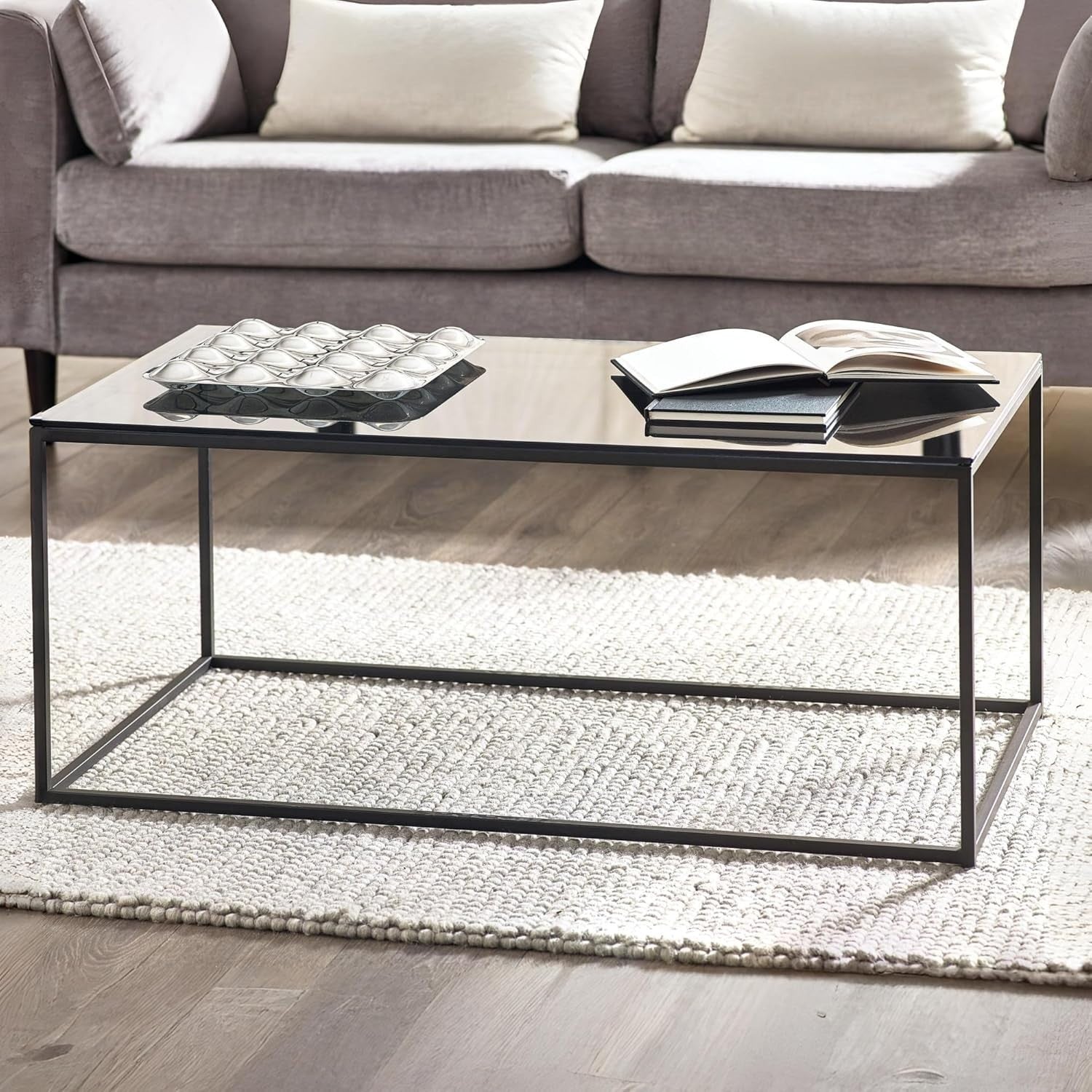 Rectangular Coffee Table, Smoked Glass & Black 110x60x45cm