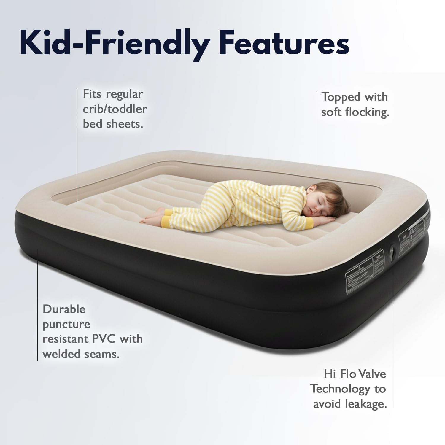 Black Toddler Inflatable Travel Bed with Safety Bumper & Built-In Pump