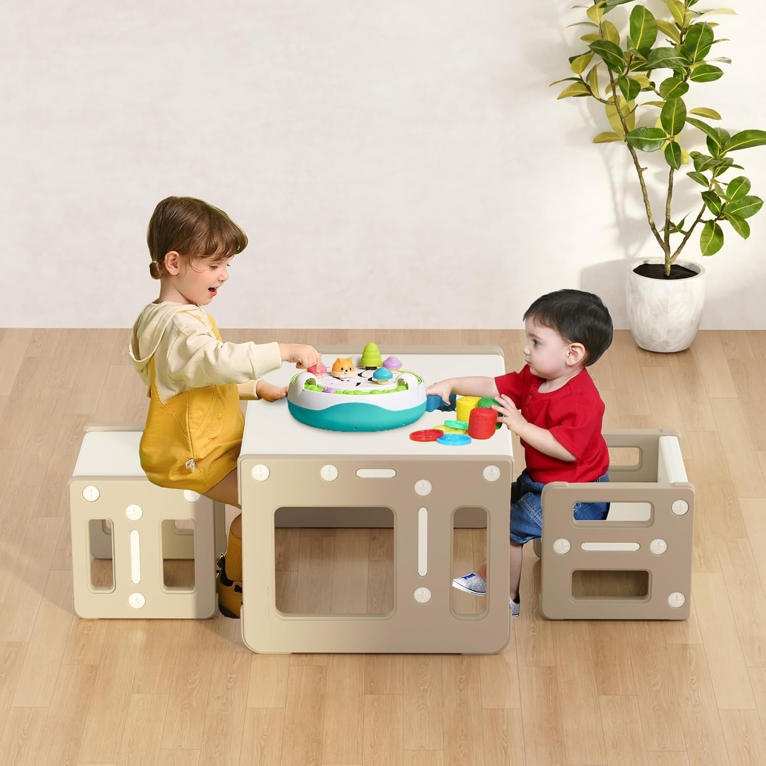 Kids Montessori Table & 2 Chairs Set, Plastic Activity Desk & Stools Khaki