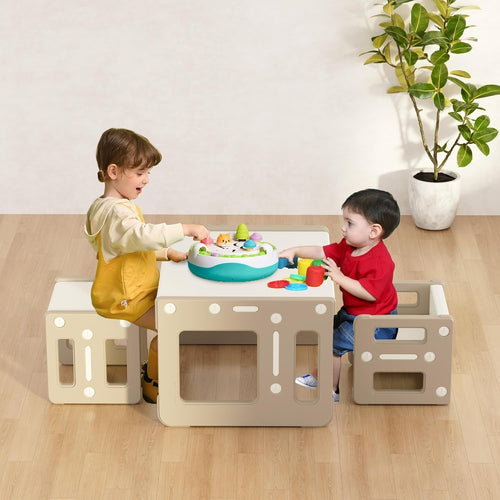 Kids Montessori Table & 2 Chairs Set, Plastic Activity Desk & Stools Khaki