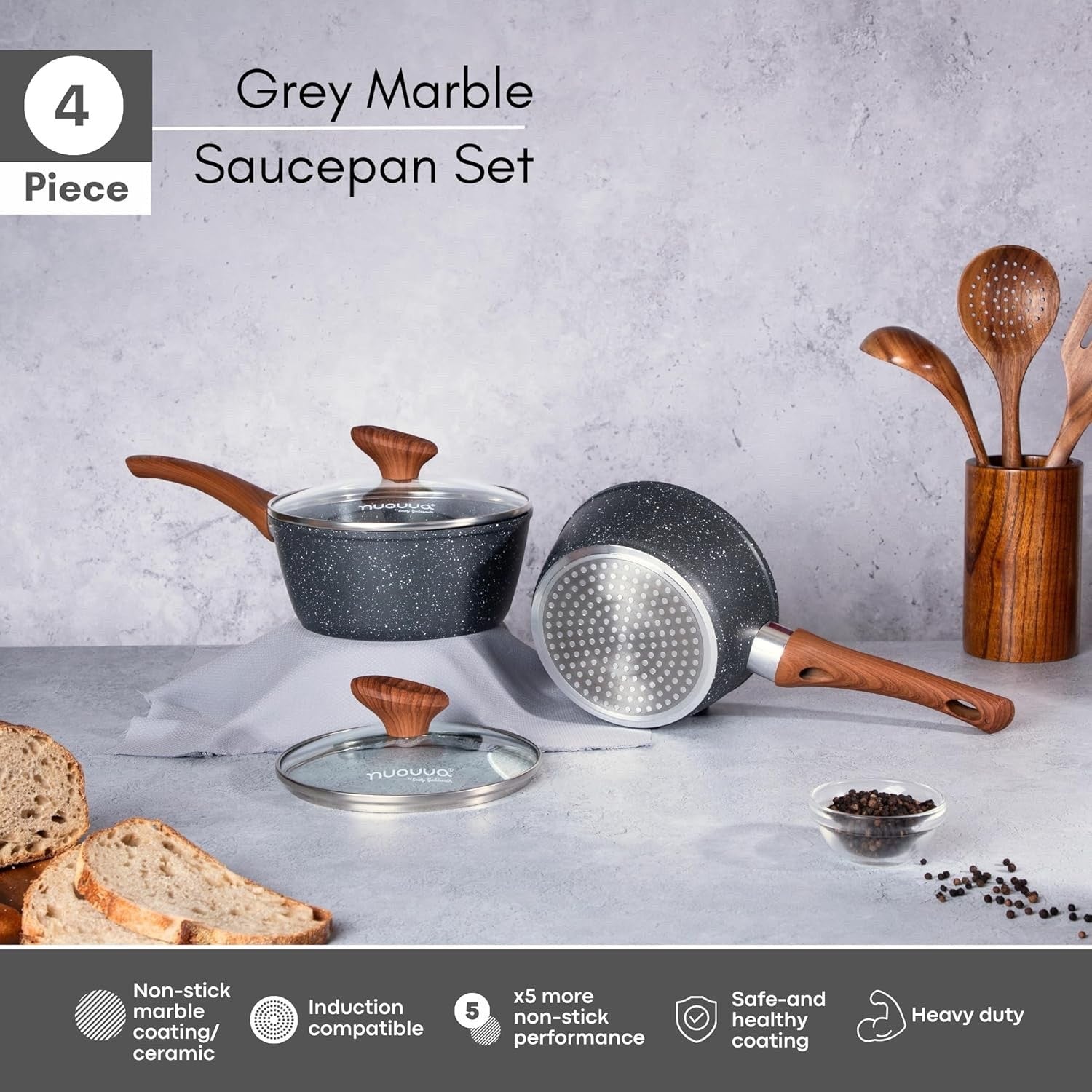 3pcs Non-Stick Marble Saucepan Set with Lids 16cm 18cm 20cm Induction Ready