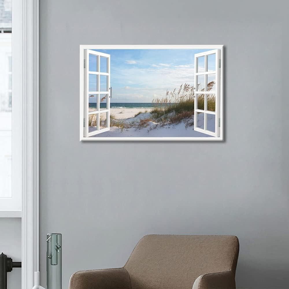 3D Beach Canvas Wall Art 36x24in Modern Window Effect Print
