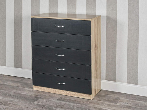 5 Drawer Chest Cabinet Black Oak Bedroom Storage Unit Modern Slim Tall