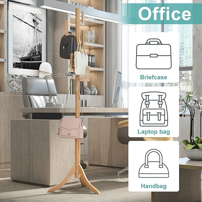 Natural Bamboo Coat Rack Freestanding 6 Hooks | Adjustable Wooden Hall Tree Stan