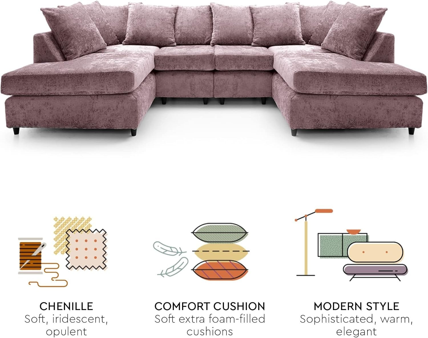 U-Shaped Sofa Pink Chenille w/ Cushions + Footstool | 280x164x90cm Modern