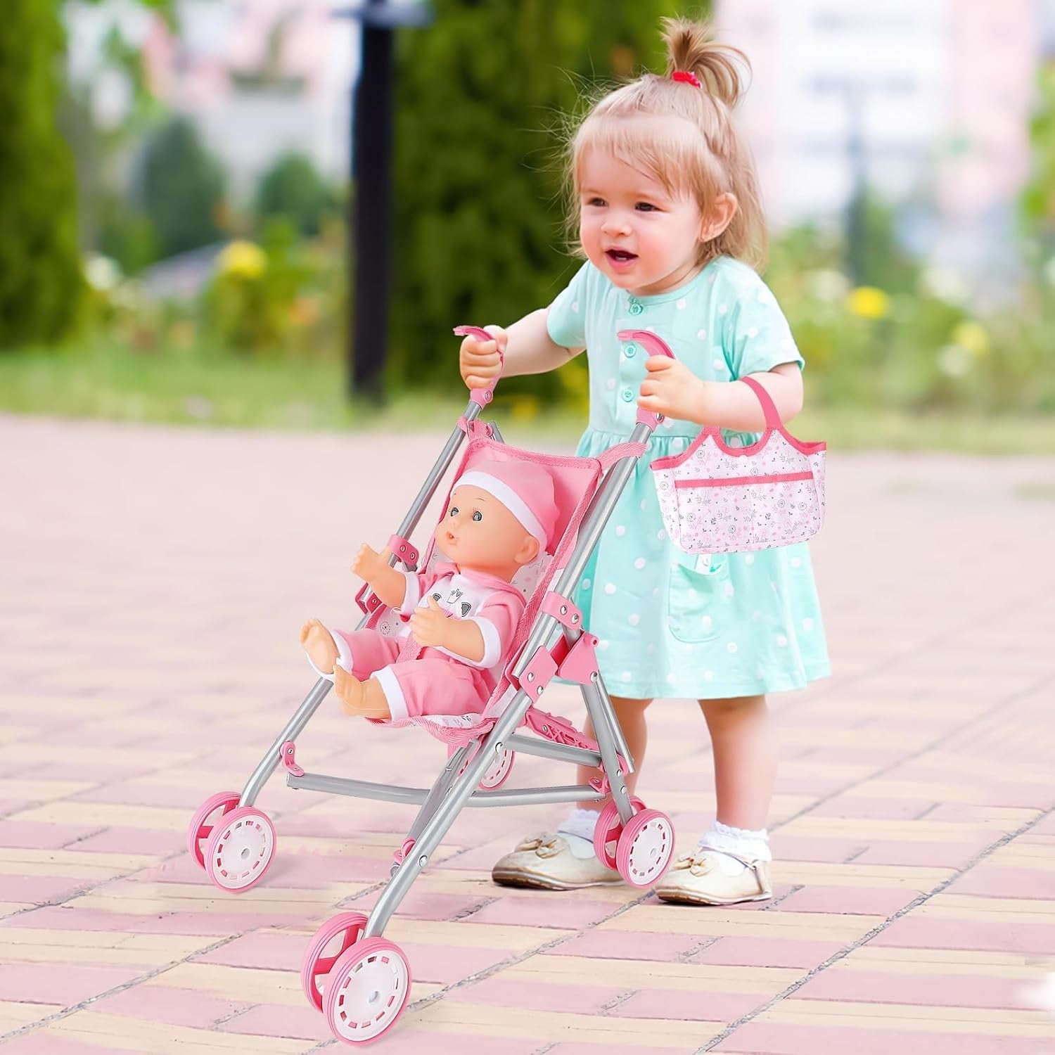Baby Doll Stroller Playset Foldable Pram Cot Highchair Accessories