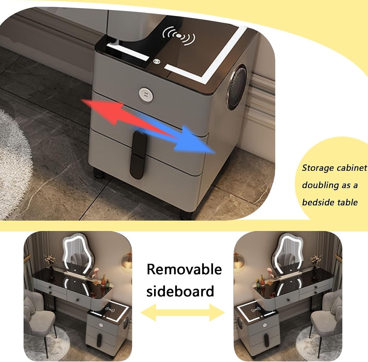 Smart Vanity Table with LED Mirror, 5 Drawers & Wireless Charging – Grey