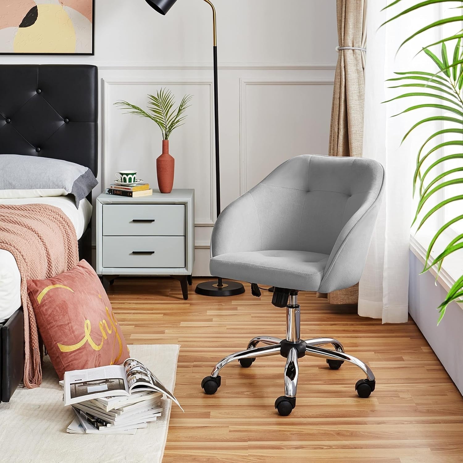 Ergonomic Velvet Office Chair Swivel Adjustable Height Armrest Light Gray