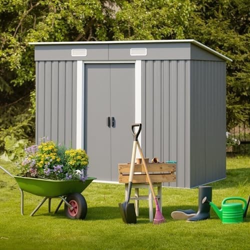 8x4FT Metal Garden Shed Lockable Tool Storage House Grey