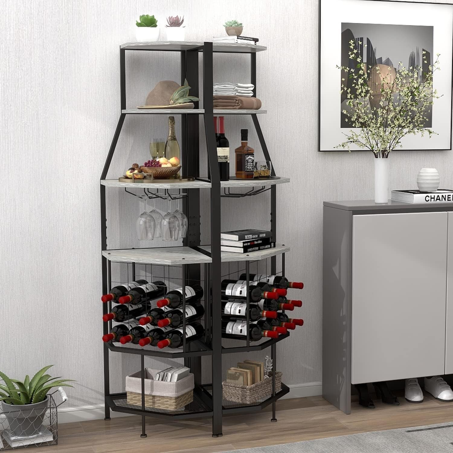 Corner Wine Rack Bar Cabinet with Glass Holder & 5-Tier Display Shelves for Home