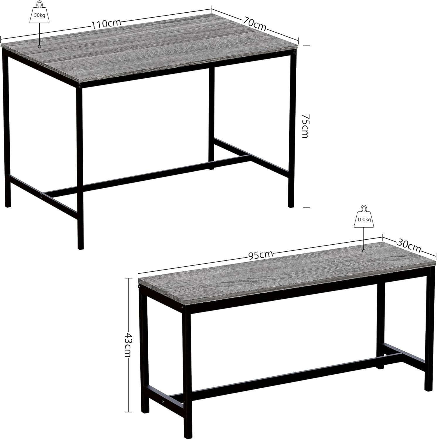 4 Seater Dining Table Set with 2 Benches - Solid Metal Frame, Modern Design