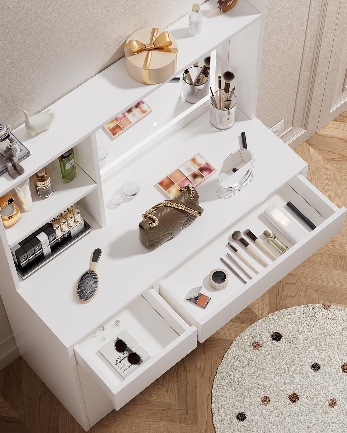 White Modern Vanity Table Dressing Desk w/ Dimmer Mirror Lights & 2 Drawers
