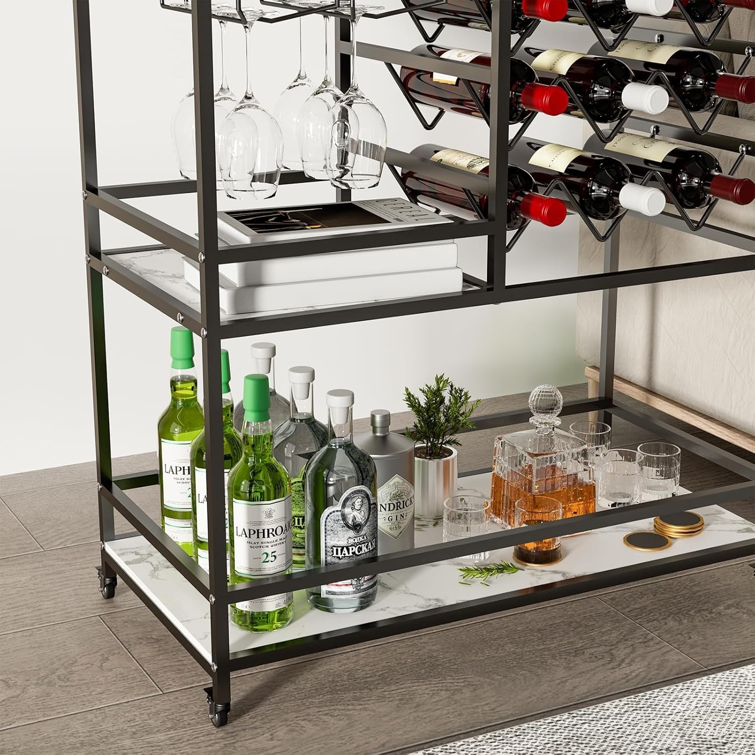 Bar Cart on Wheels with Wine Rack Glass Holder 3 Tier Drinks Trolley